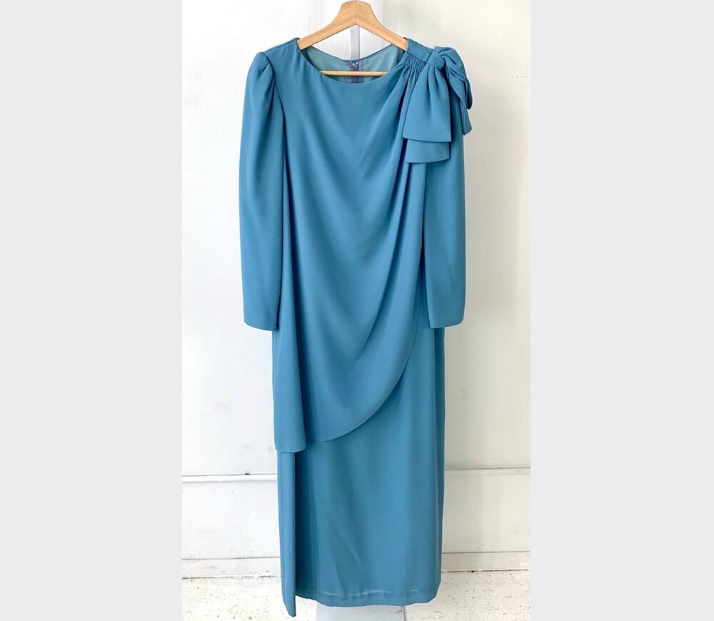 VTG Bonwit Teller Dress Special Occasion Party 80s Long Sleeve Drape Front Blue